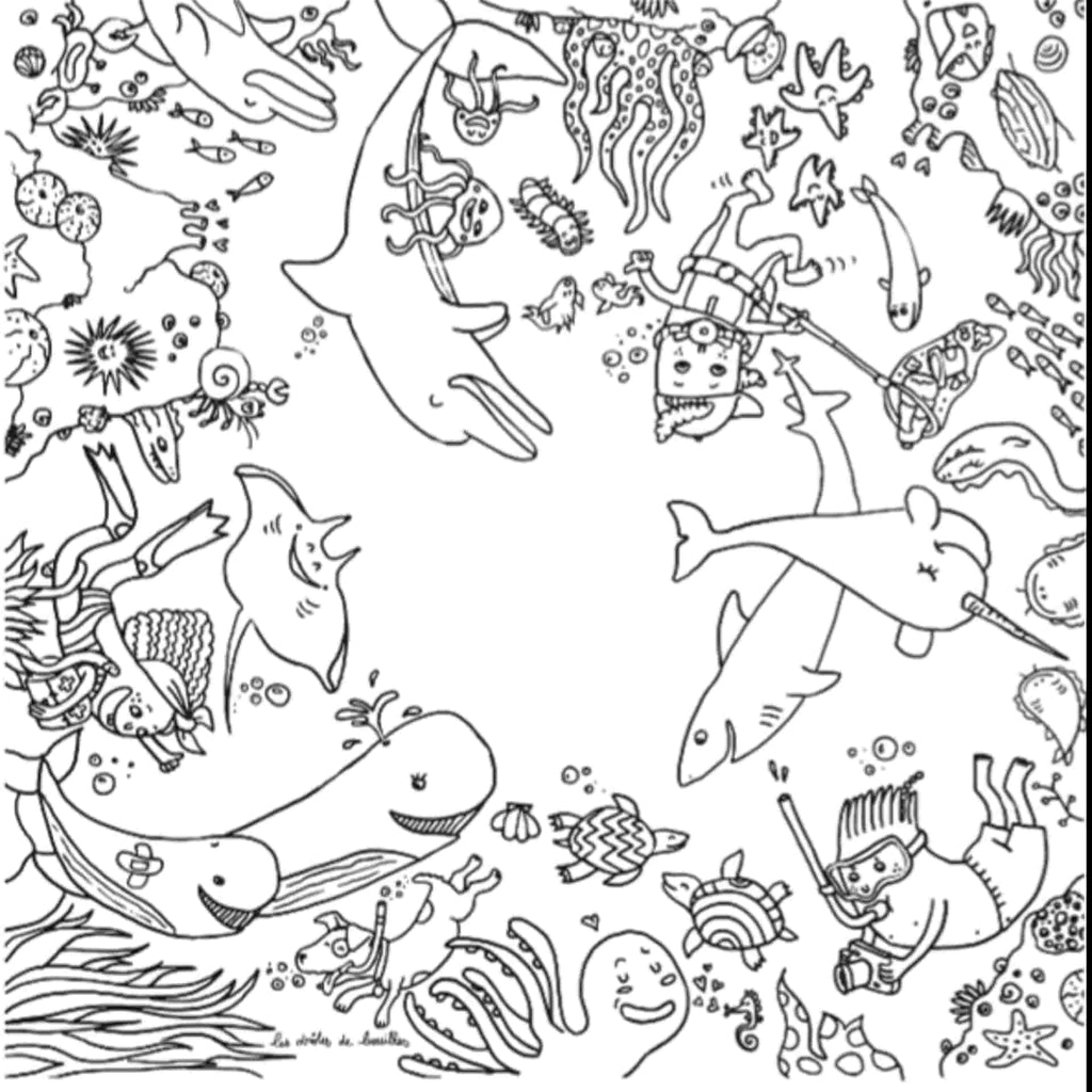 Coloriage sur le thème de l'ocan (animaux marins, enfants faisant de la plongée)