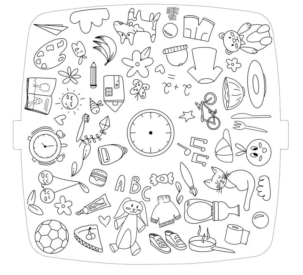 Coloriage sur le thème de la routine chez les enfants (ballons, vêtements, nourriture, jouets) avec une horloge au centre)