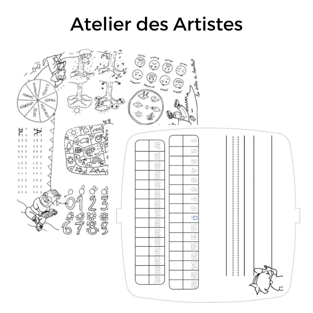 Coloriage recto sur le thème pédagogique, atelier des chiffres, lettres, jour de la semaine avec un jeu de l'oie au centre et sur le verso des lignes d'entraînement d'écriture et des cases à remplir avec des chiffres 