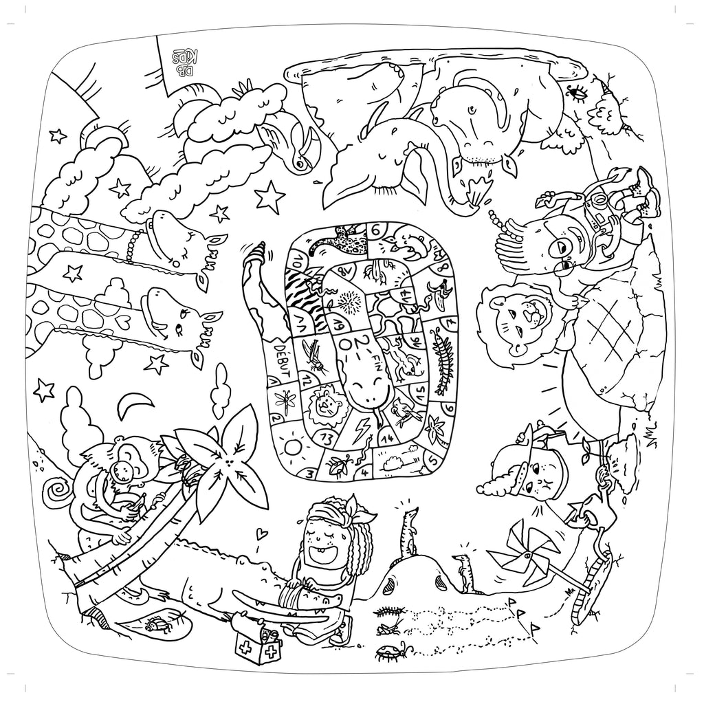 Coloriage représentant des animaux (lion, singe, giraphes, éléphant, crocodile); deux enfants avec un jeu de l'oie au centre 