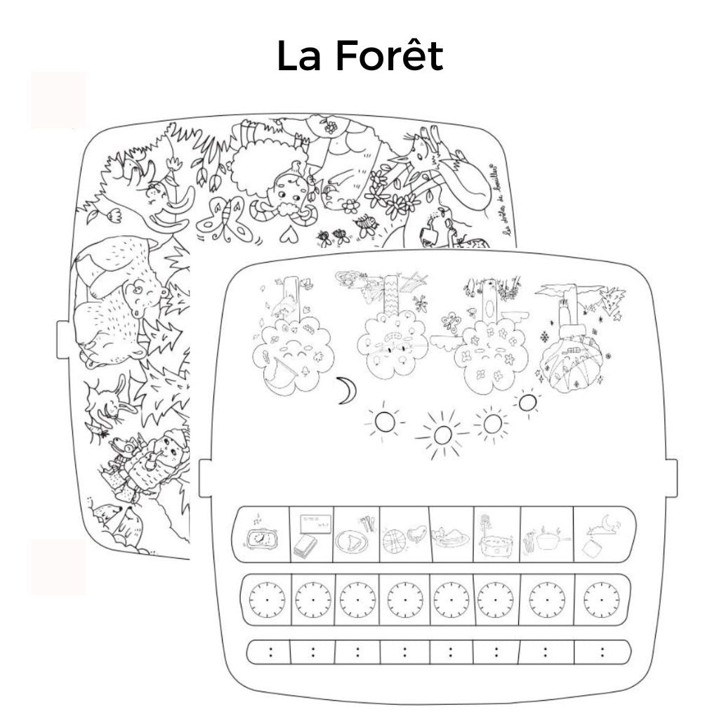 Coloriage recto sur le thème de forêt et le verso sur le thème de l'heure, la routine du soir et les saisons 