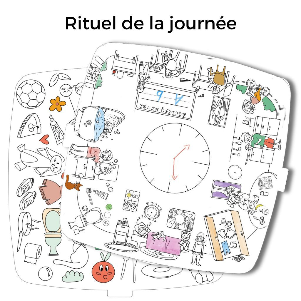 Coloriage des scènes représentant le rituel du soir (devoirs, balade en vélo, repas, brossage des dents, bain, dormir)