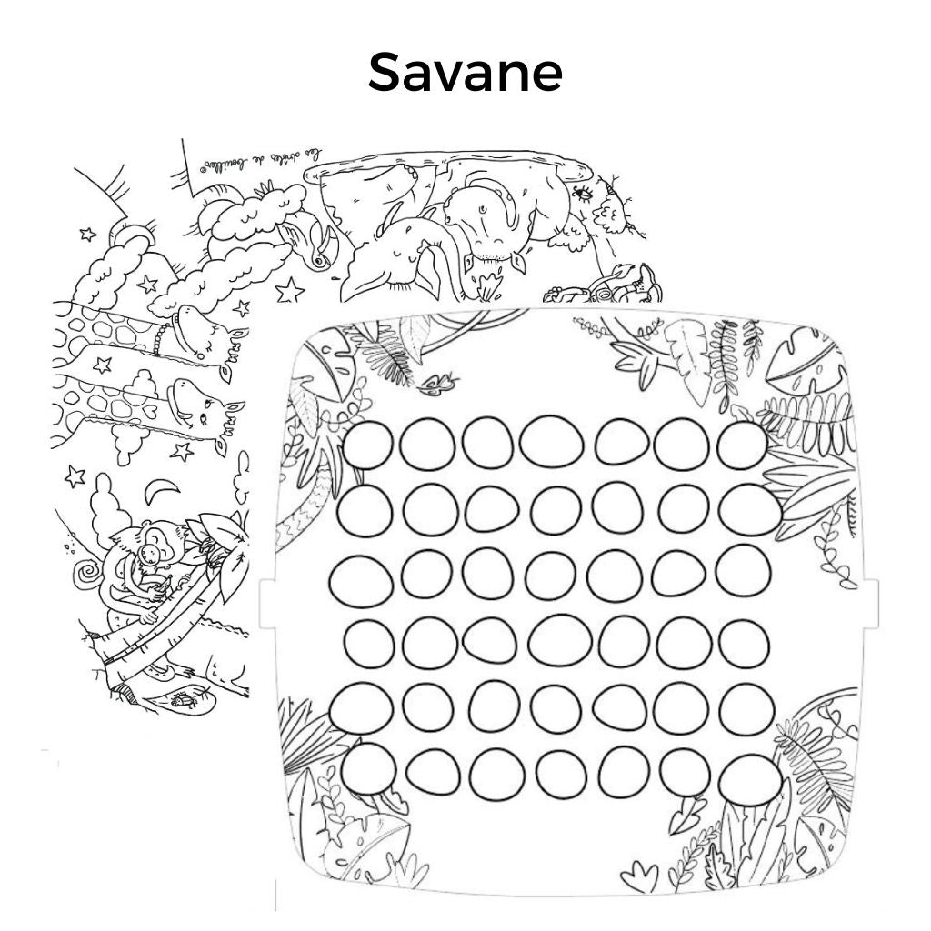 Coloriage recto sur le thème de la savane et le verso sur des cases de jeu vides dans des feuillages exotiques