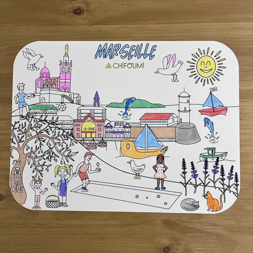 Coloriage sur le thème de la ville de Marseille, des personnes jouant à la pétanque, des mouettes 