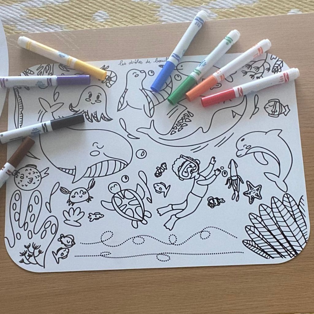 Coloriage sur le thème de l'ocean (animaux marins), avec des feutres par dessus