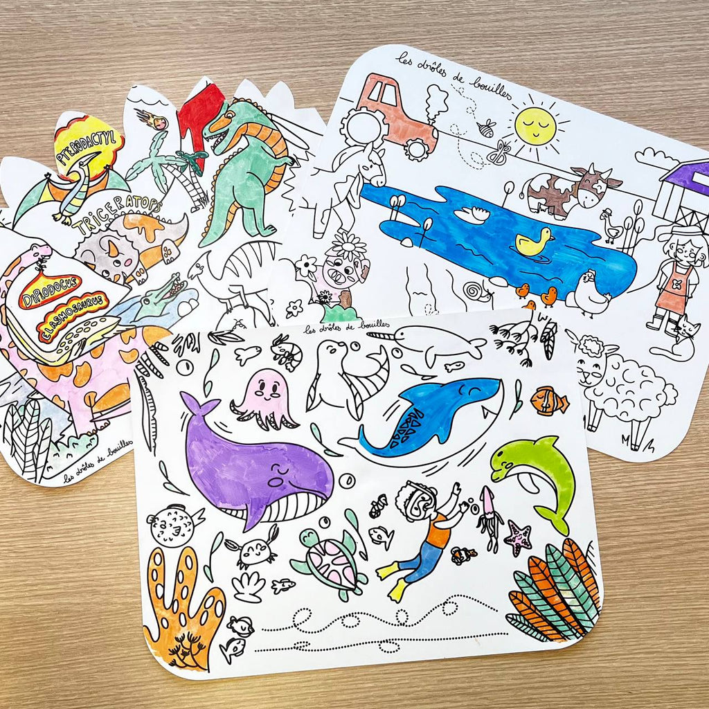 Coloriages sur le thème de l'océan (animaux marins), la ferme (animaux et potager) et dinosaures