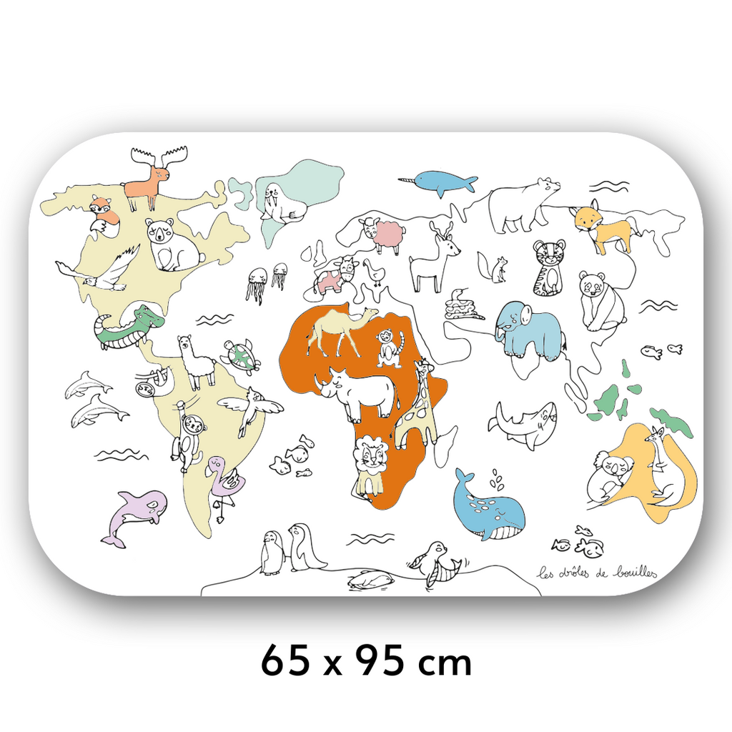 Coloriboard map monde et animaux colorié, taille indiquée en dessous :  65 sur 95 centimètres