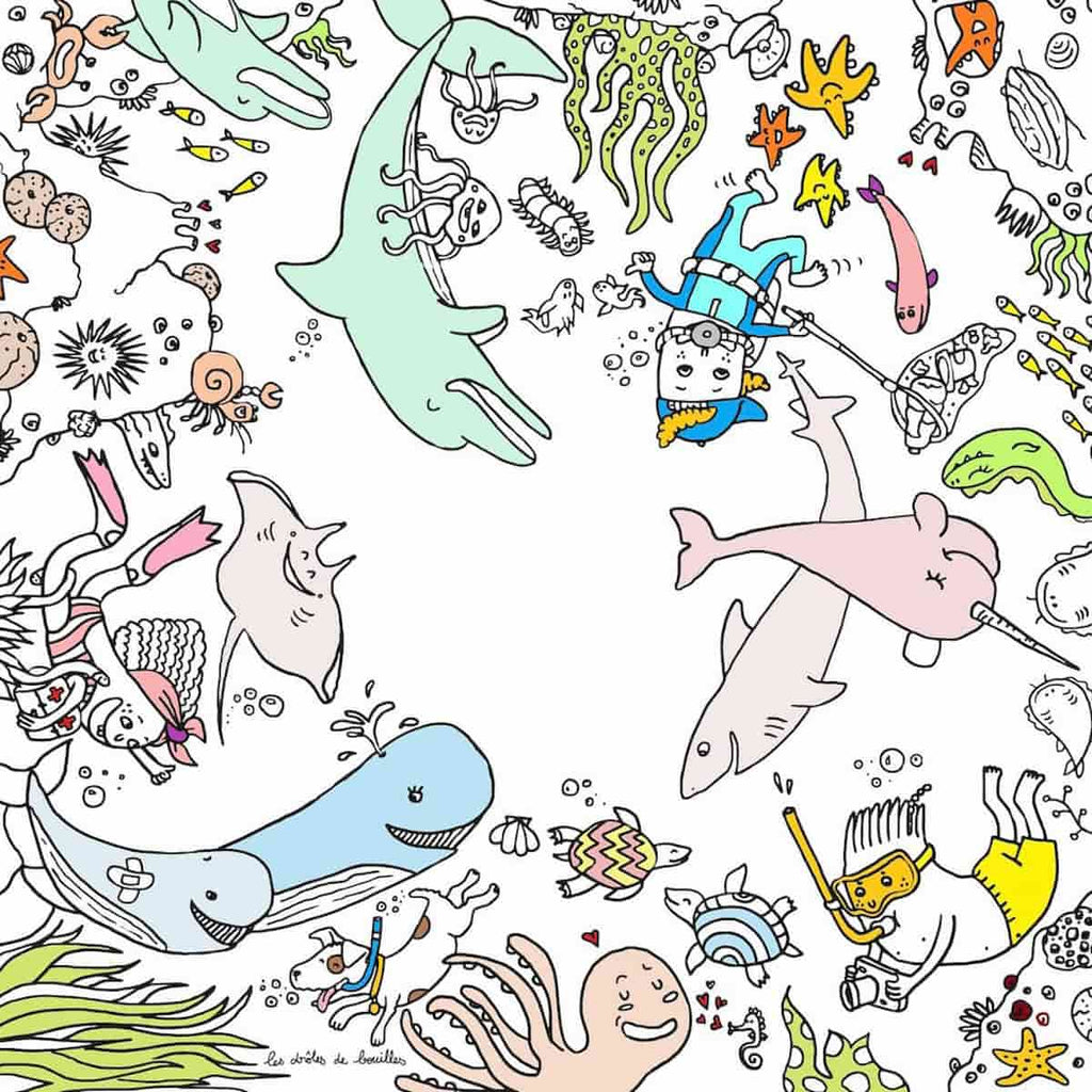 Coloriage sur le thème de l'océan (animaux marins, enfants faisant de la plongée) colorié