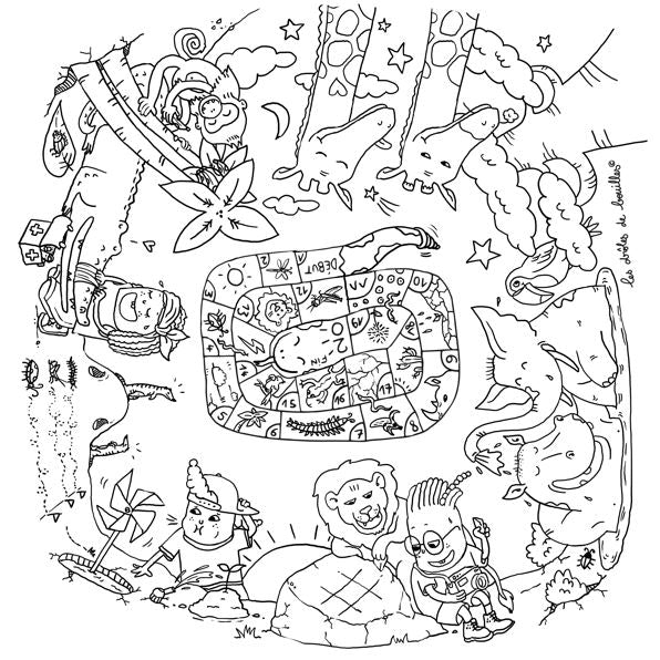 Coloriage sur le thème de la savane avec un jeu de l'oie au centre 