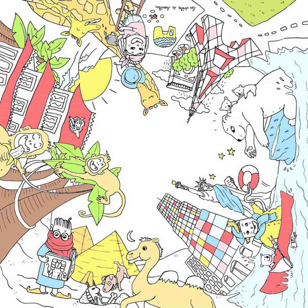 Coloriage sur le thème du voyage (Asie, Amérique, France et Amérique) colorié
