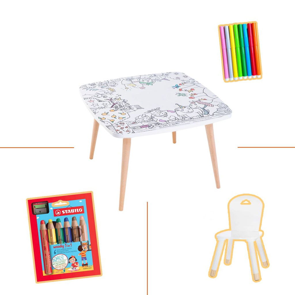 Pack Coloritable, chaise, crayons gras stabilo et feutres  