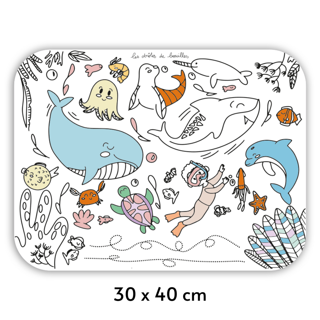 Set de table sur le thème de l'océan colorié, mesures 30 sur 40 centimètres 